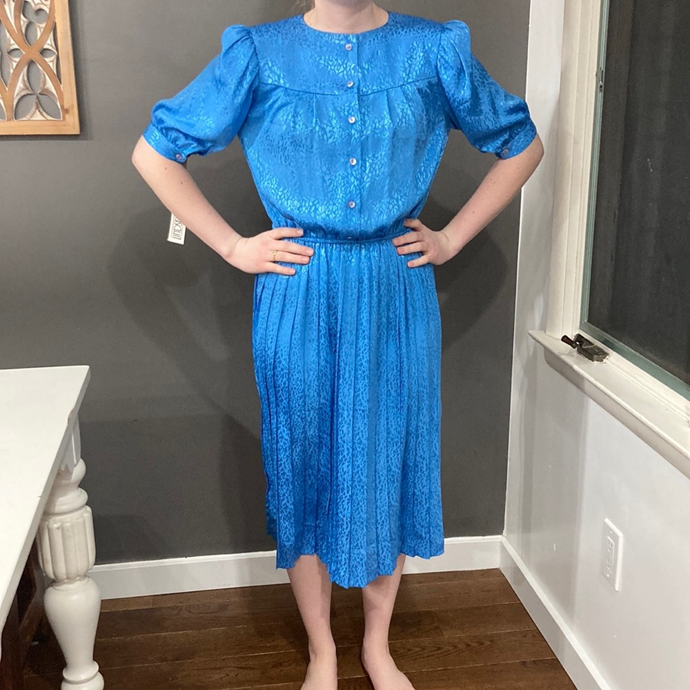 Vintage Blue Pleated Midi Dress Size 8